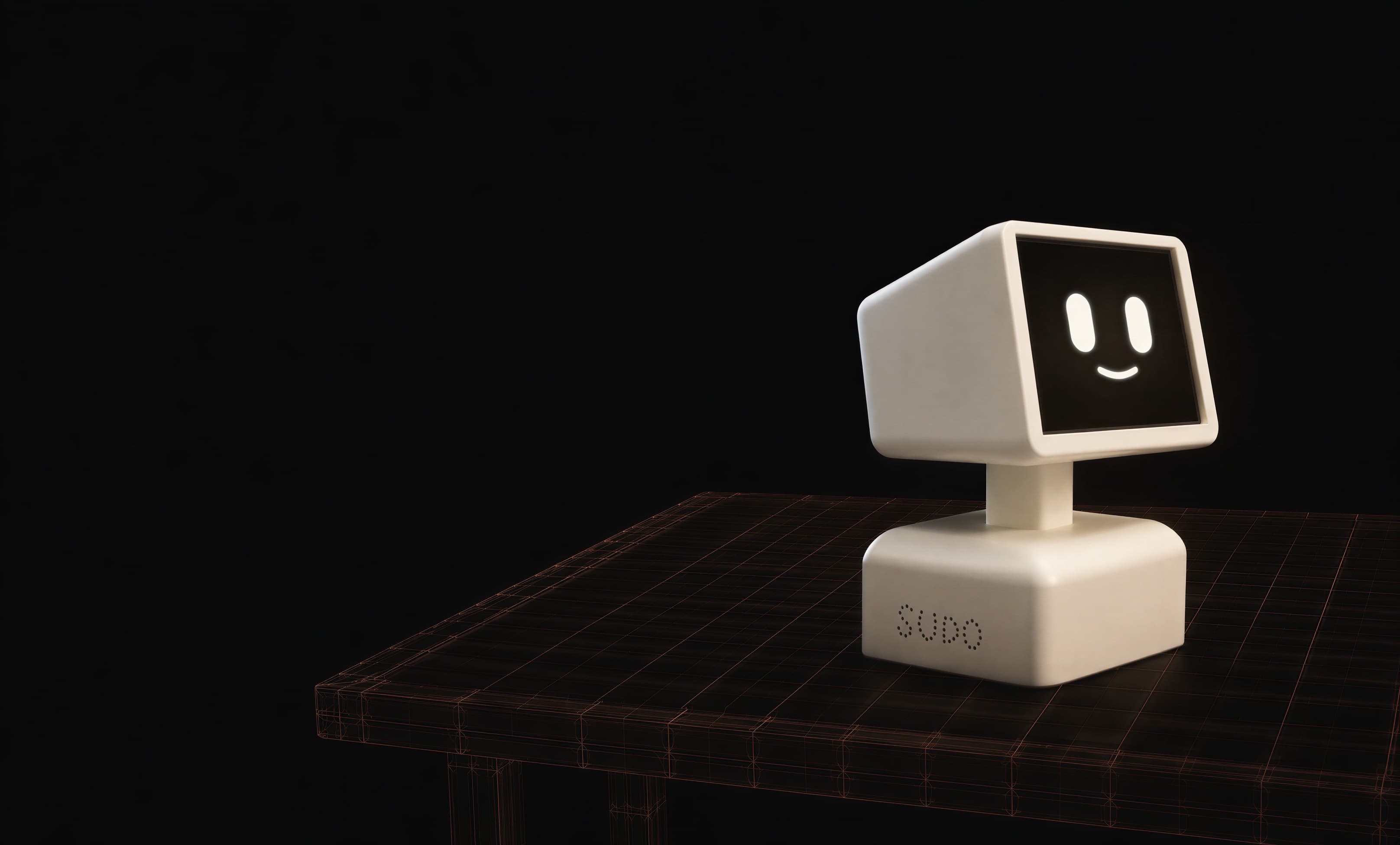 Sudo, a small desk creature, sitting on a virtual desk